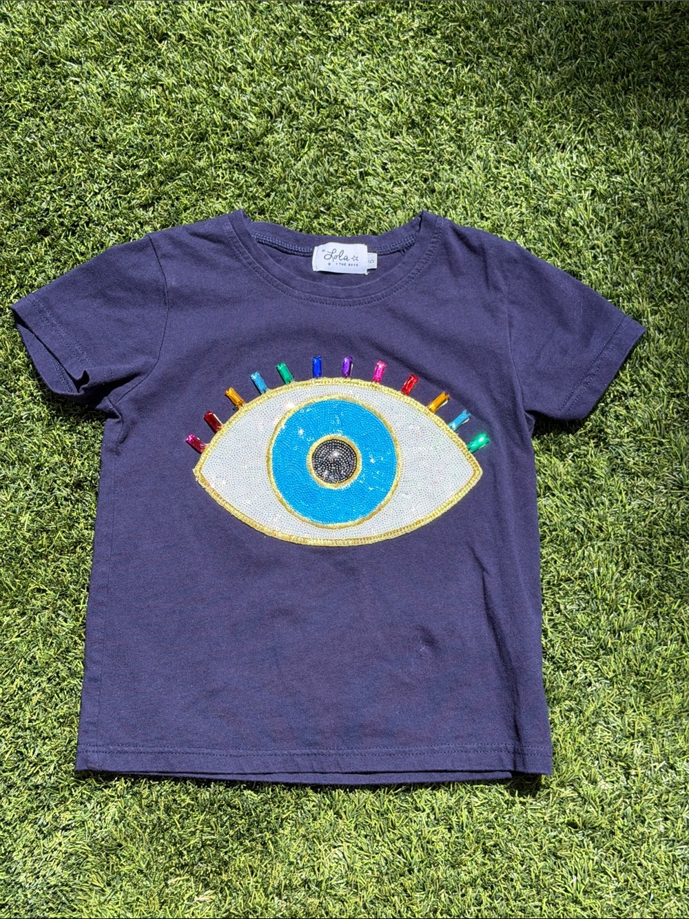 Lola + The Boys Navy Tee with Colorful Eye Appliqué